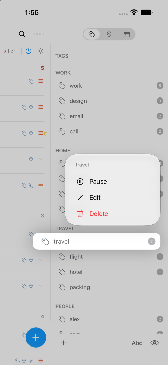 2Do tasks put on hold by a paused tag on iPhone