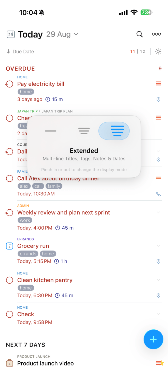 Pinching the 2Do task list to change how much each row shows