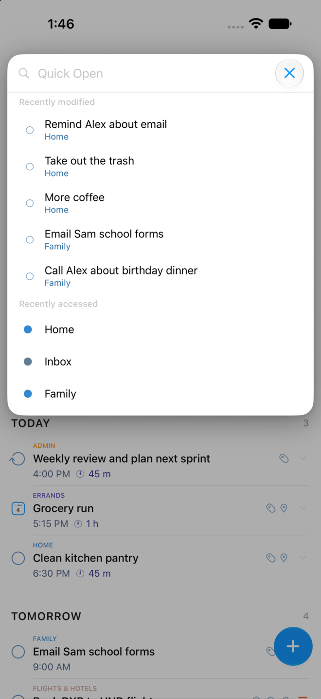 The Quick Open card listing recently modified tasks above recently accessed lists