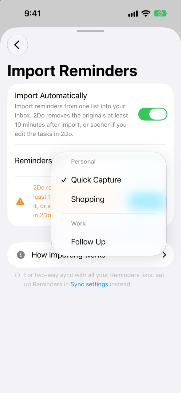 Reminders lists grouped under Personal and Work account headings