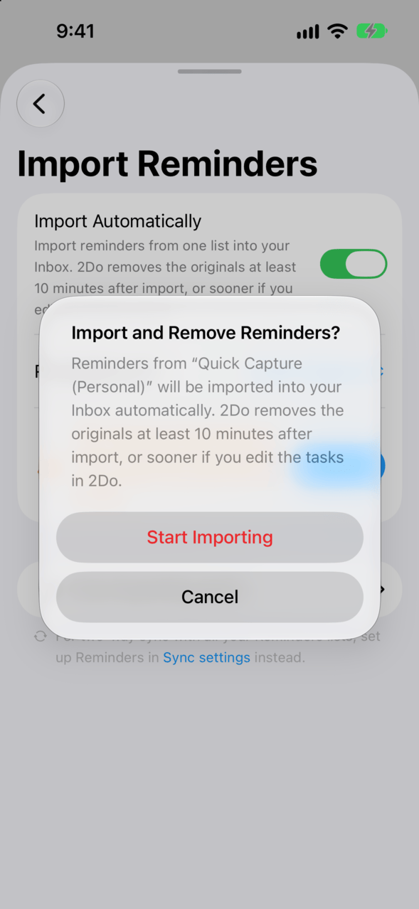 Confirmation explaining that reminders from Quick Capture will be imported and removed automatically