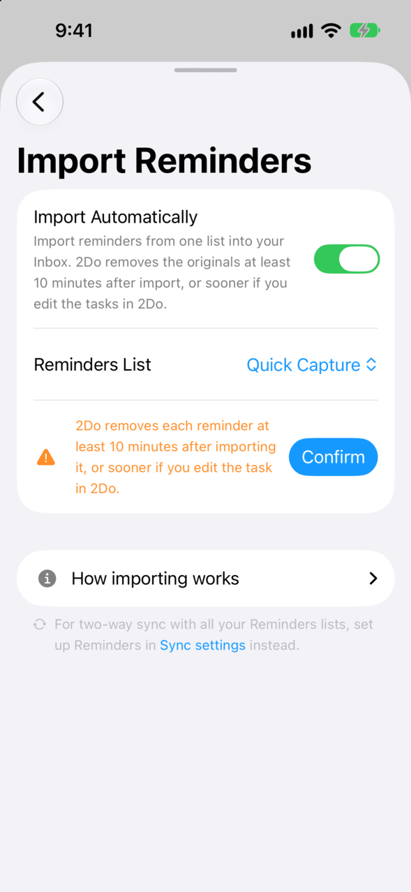 Import Reminders settings with Quick Capture selected and the Sync settings link visible below the collapsed help section