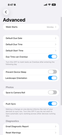 2Do Advanced settings page one