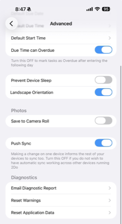 2Do Advanced settings page two