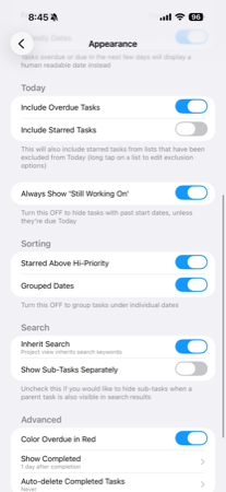 Appearance Today and list display settings