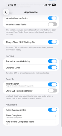 Appearance sorting and advanced settings