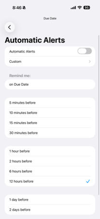 Due time automatic alert choices