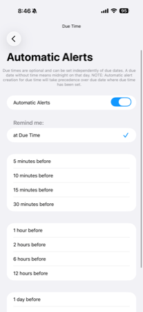 Due date automatic alert choices