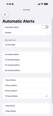Automatic due date alert settings