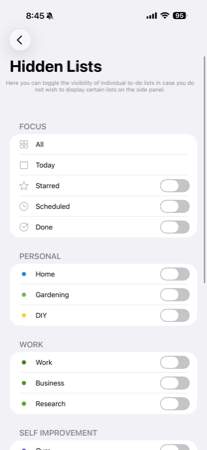 Hidden Lists settings