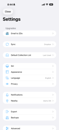 2Do iOS main Settings screen