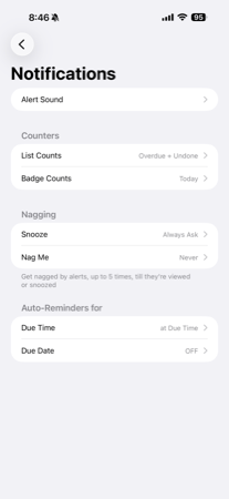 2Do Notifications settings