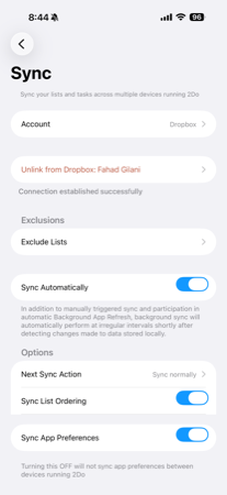 2Do Sync settings