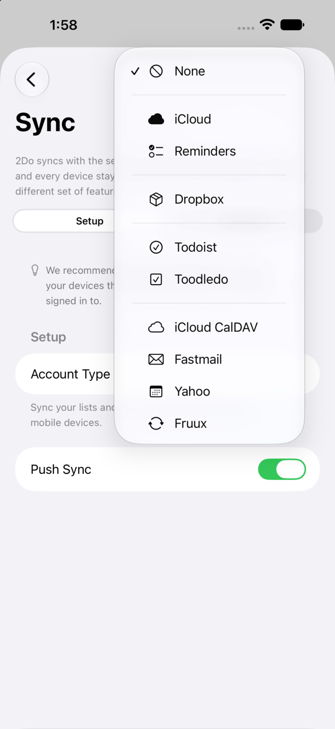 The Sync pane with the Account Type menu open