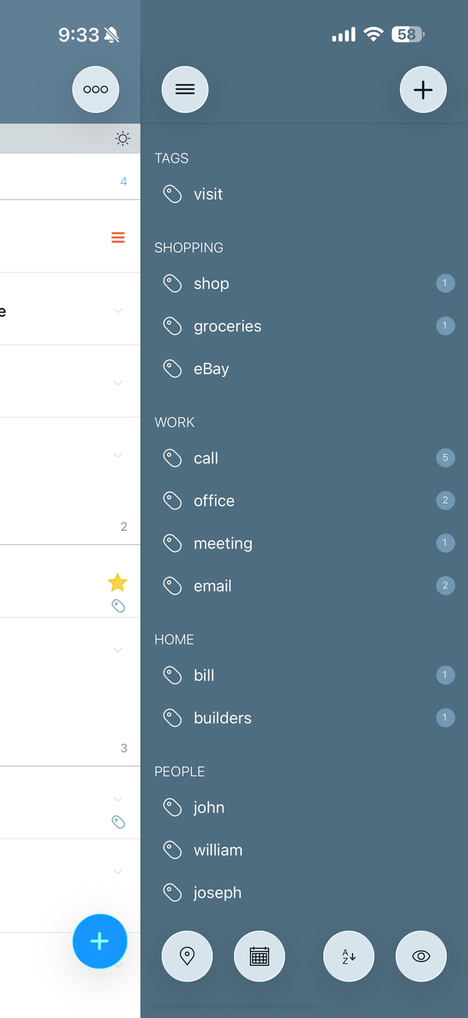 Tags panel with Nearby and Calendar Events buttons