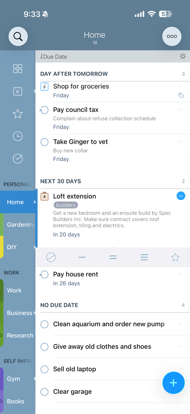 Expanded task row with inline quick actions