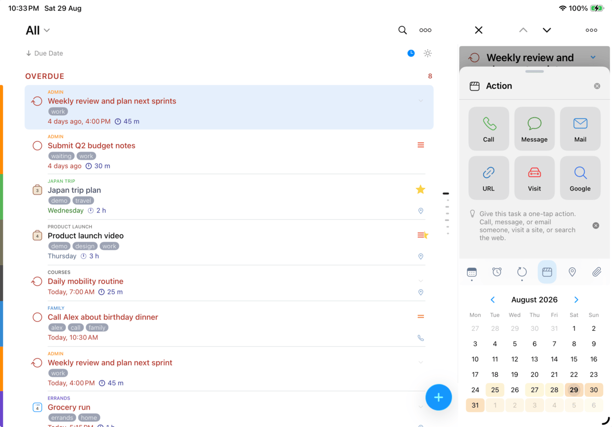 The 2Do task editor in its own panel on iPad