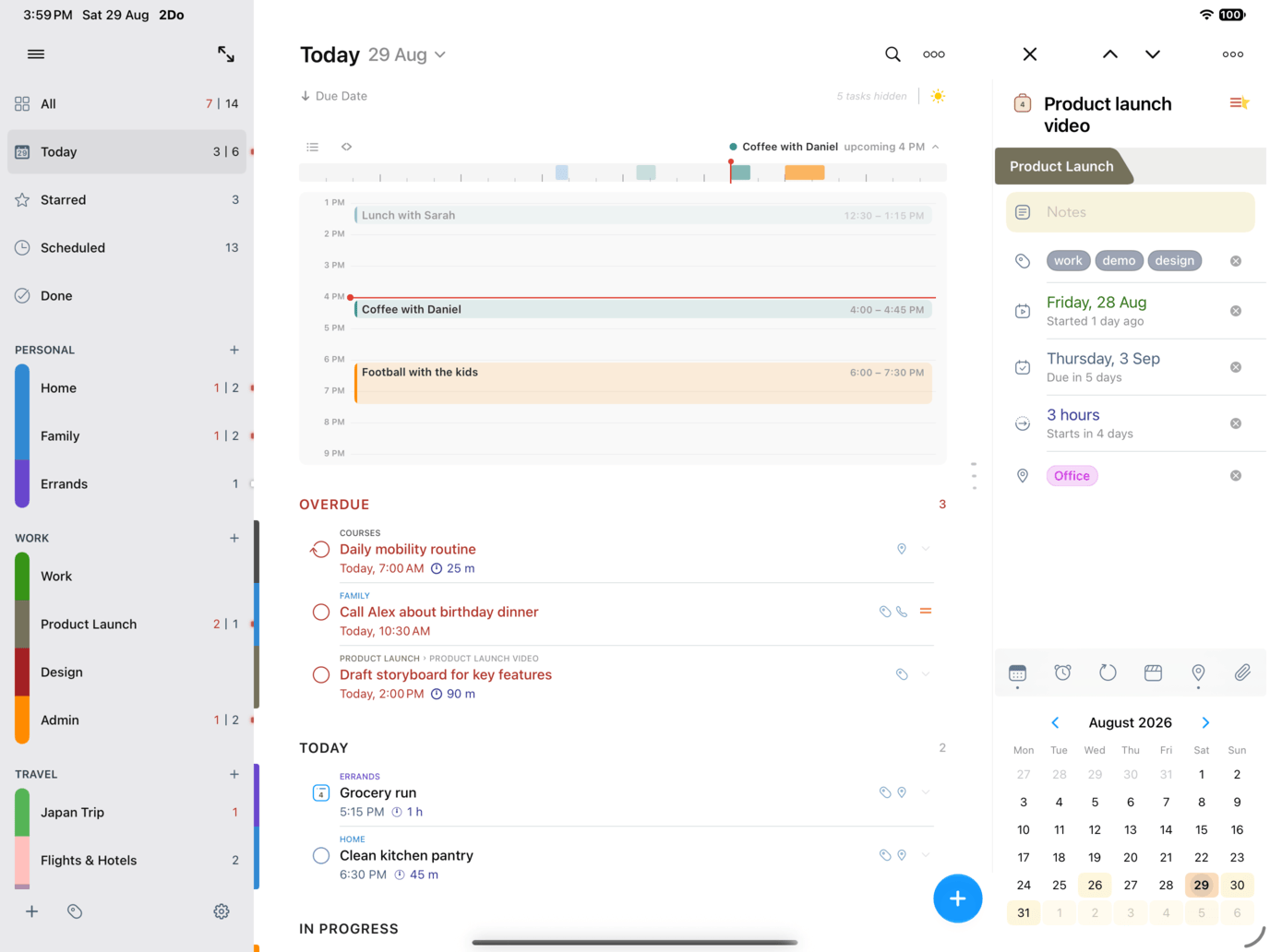 Calendar events shown above the Today list in 2Do for iPad