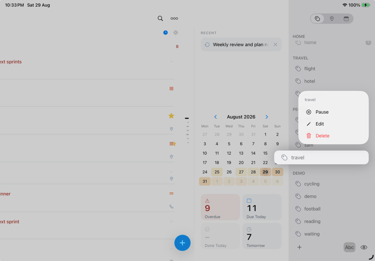 2Do tasks put on hold by a paused tag on iPad