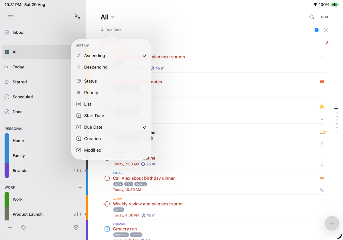 The 2Do sort menu with tasks grouped into sections on iPad