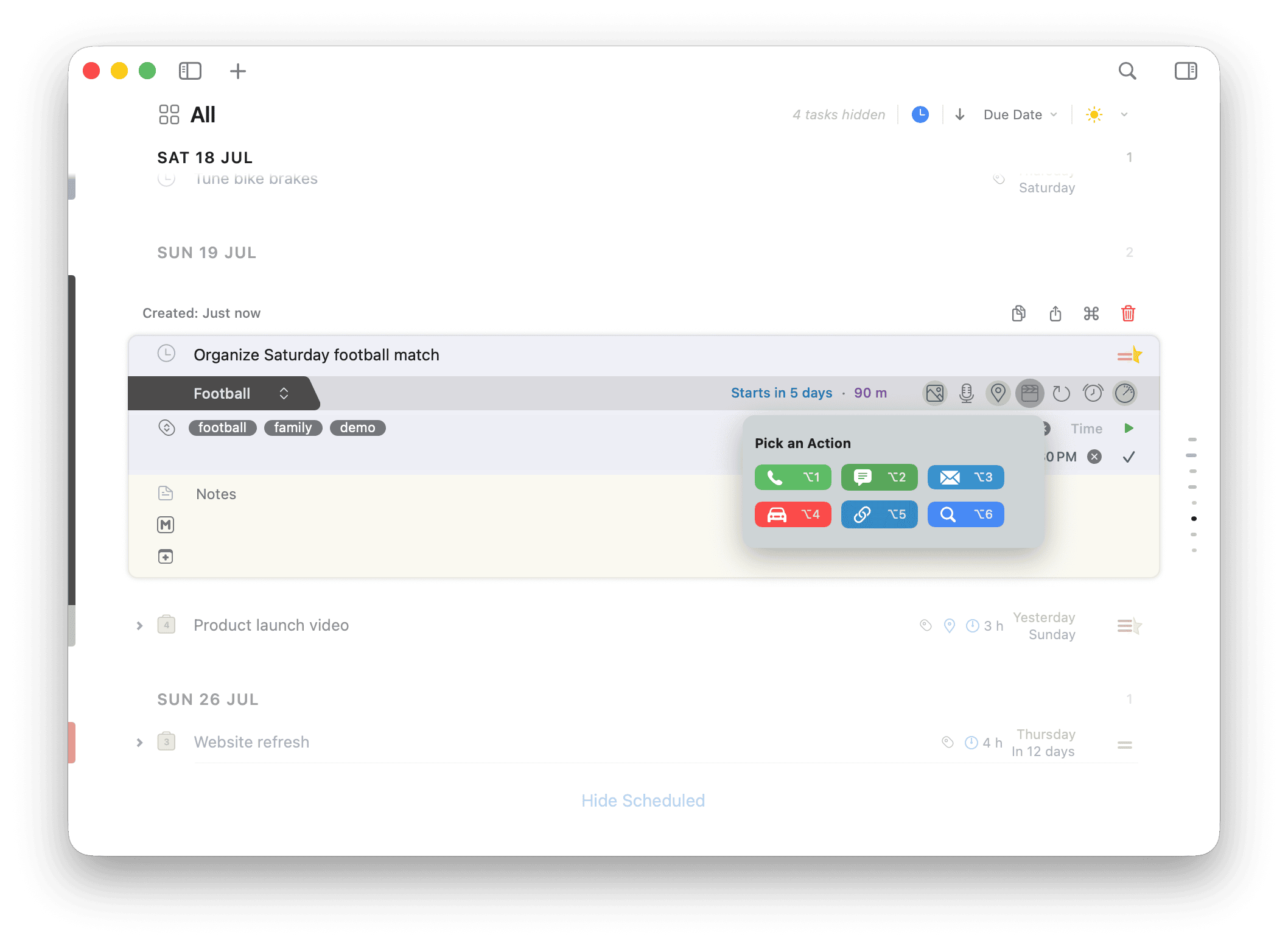 2Do Mac task with click-through actions like call, map, and email