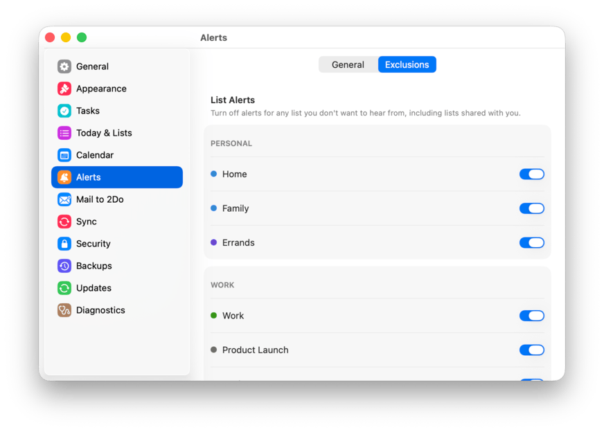 The Alerts settings pane, Exclusions tab with per-list alert switches