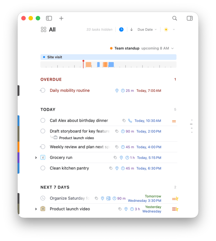 The collapsed Calendar Day Bar above a task list