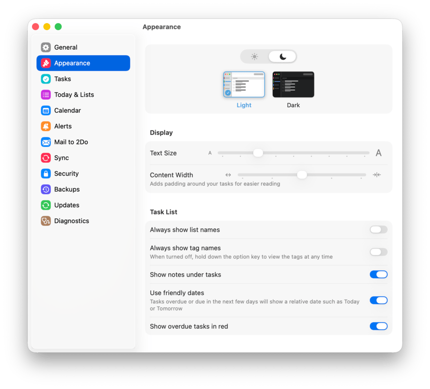 The Appearance settings pane with the Light and Dark switcher and theme cards