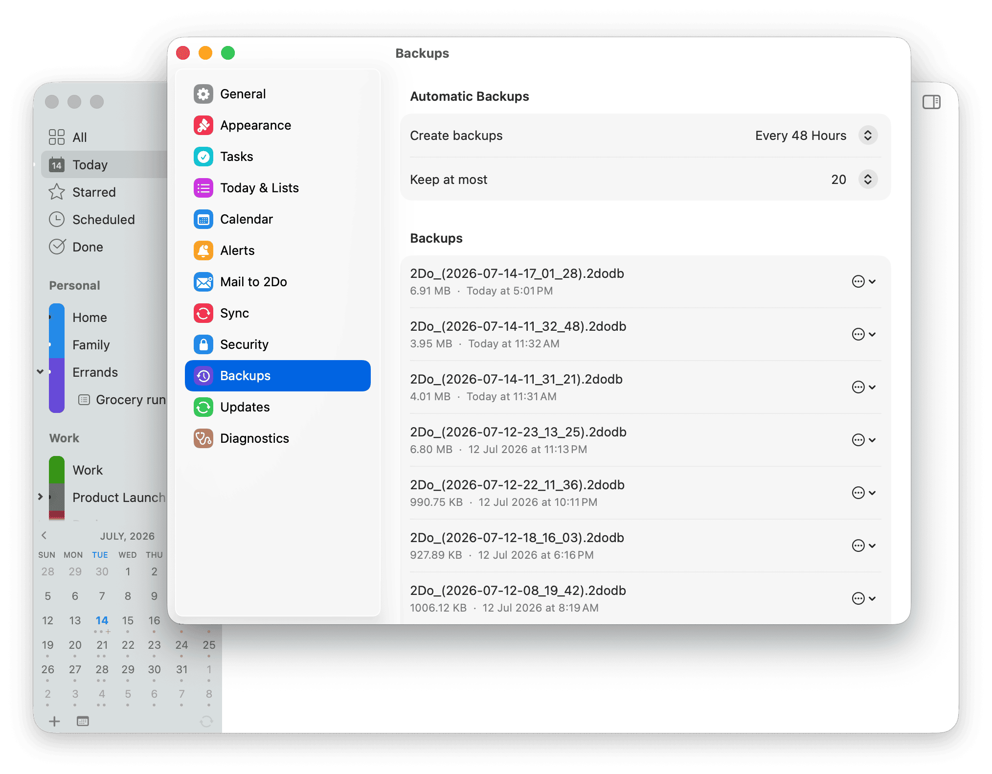 2Do Mac Backups settings showing automatic backups and the backup list