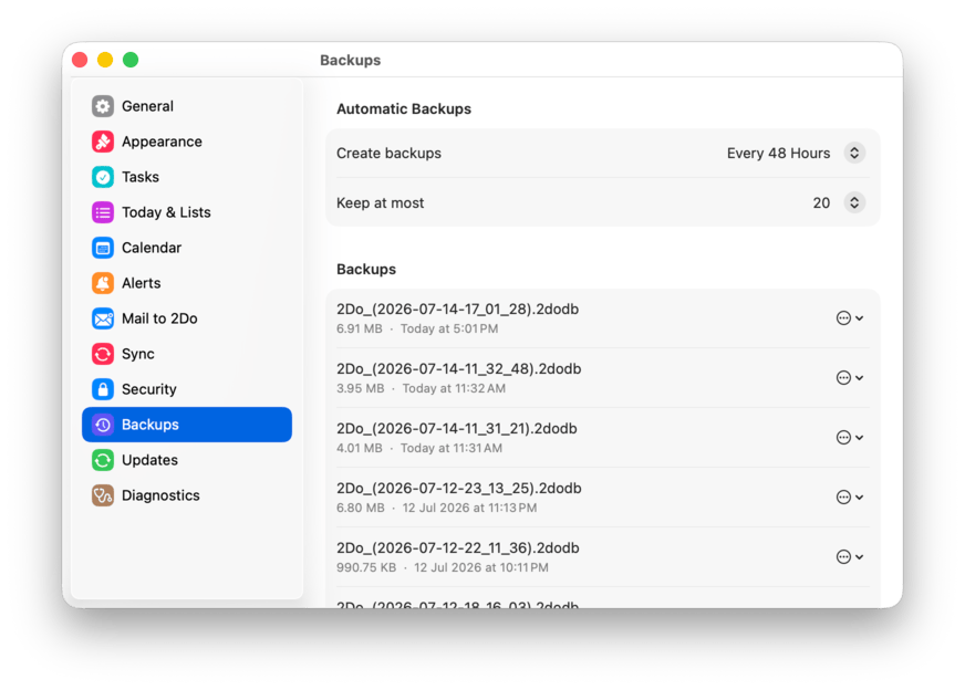 The Backups settings pane