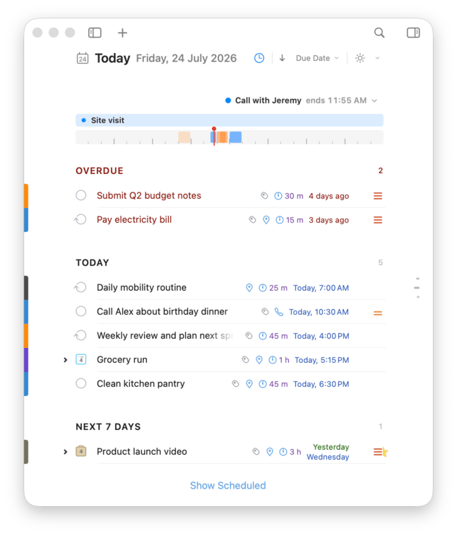 The collapsed Calendar Day Bar above the Today task list