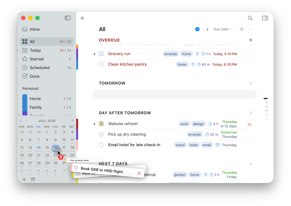 Dragging a task onto the Mini Calendar