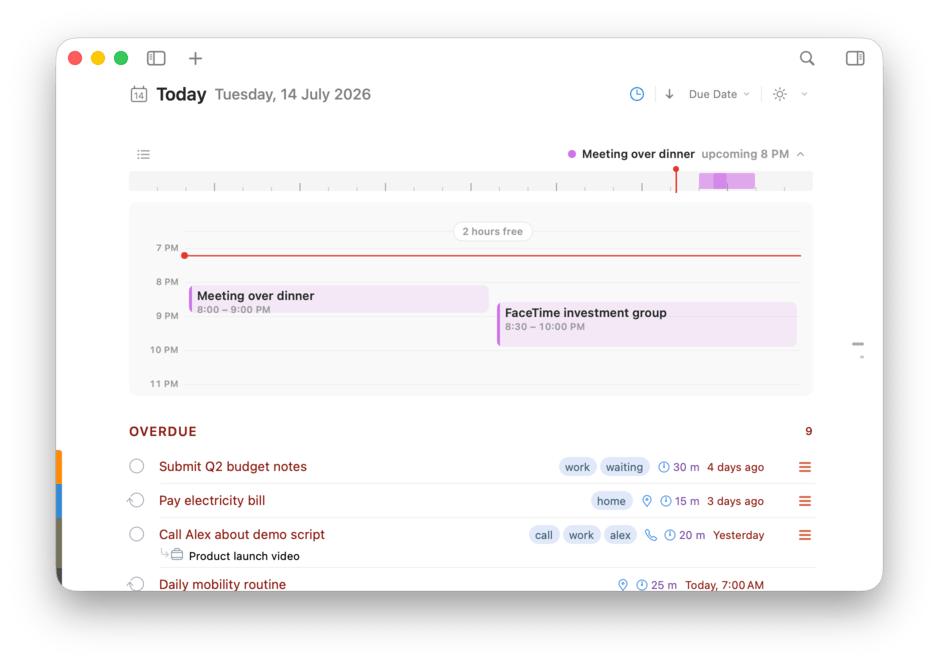 2Do Mac calendar events shown above the Today list