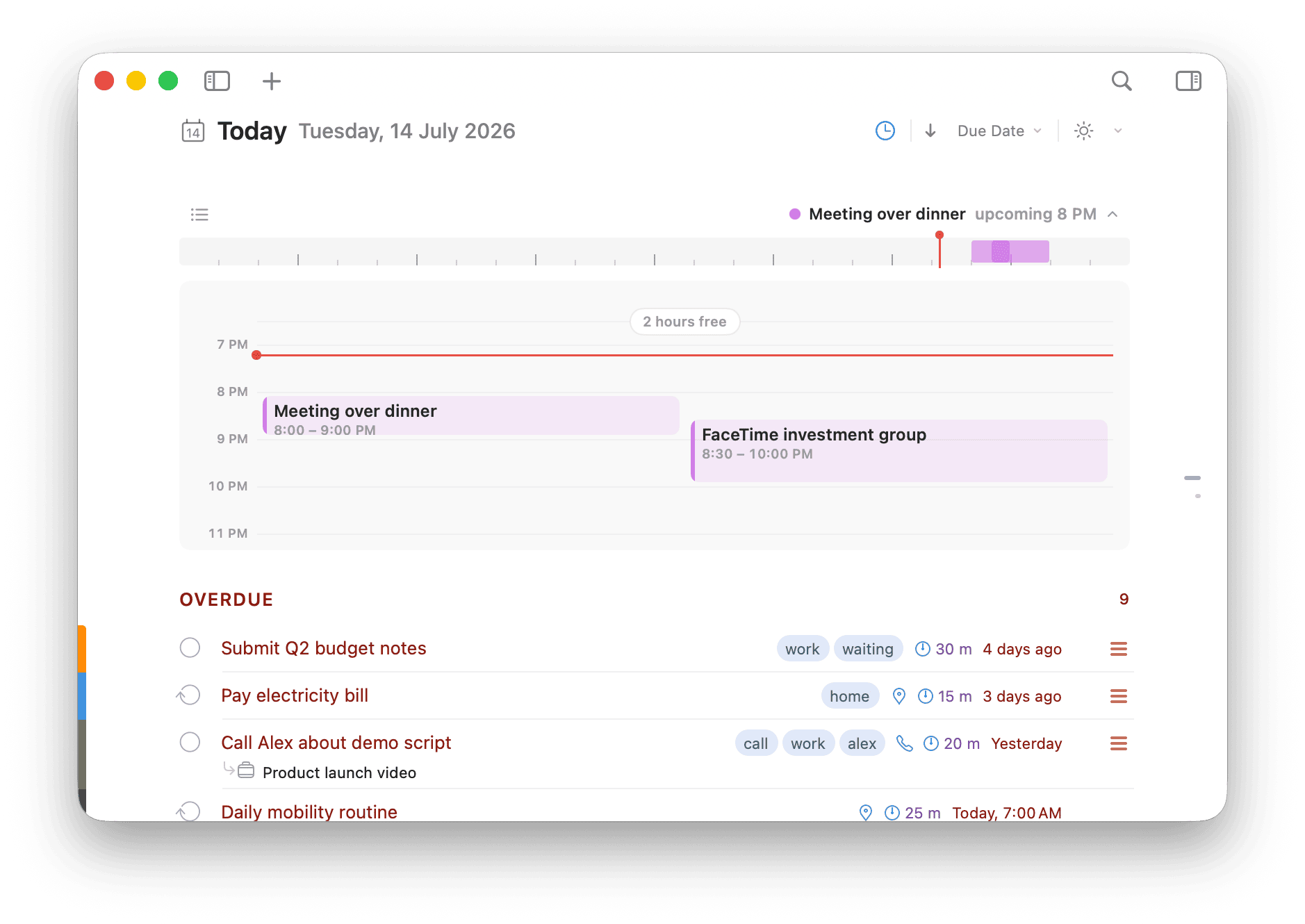 2Do Mac calendar events shown above the Today list