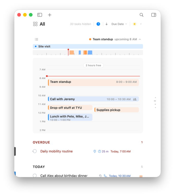 The Calendar Day Bar expanded, showing the day as a calendar timeline