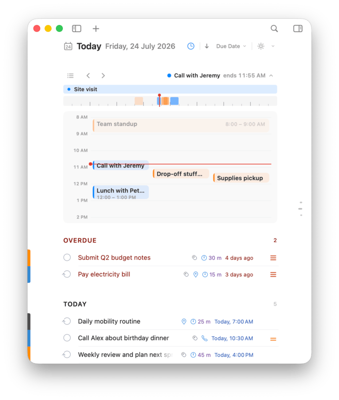 The Calendar Day Bar expanded, showing the day as a calendar timeline, with the view toggle and day navigation arrows in the header