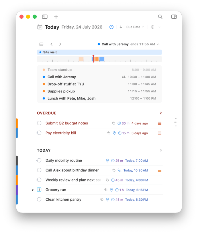 The Calendar Day Bar expanded, showing the day's events as a list, with the view toggle and day navigation arrows in the header