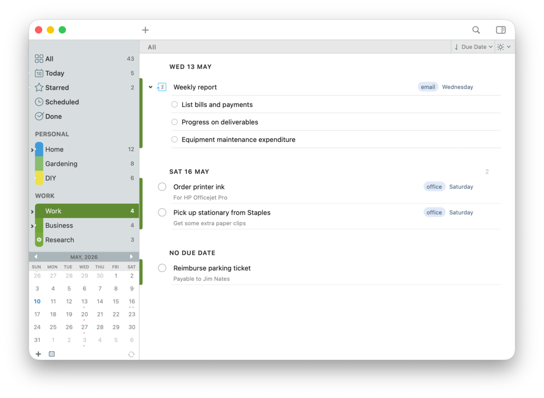 Projects and checklists in 2Do
