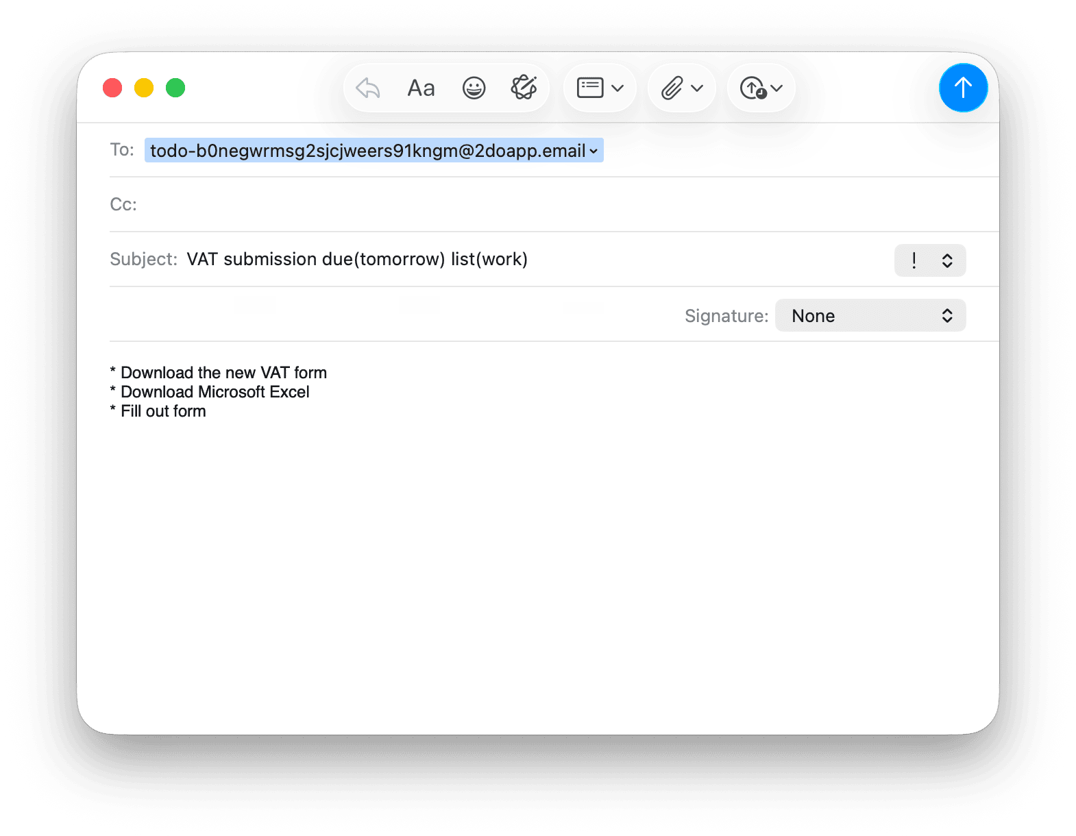 An email composed to a private Mail to 2Do address