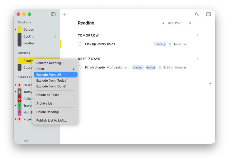 Right-clicking a list to include or exclude it from Focus Lists