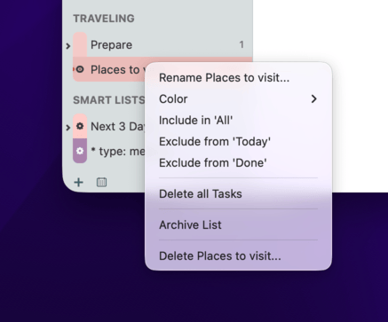 Right-clicking a list to include or exclude it from Focus Lists