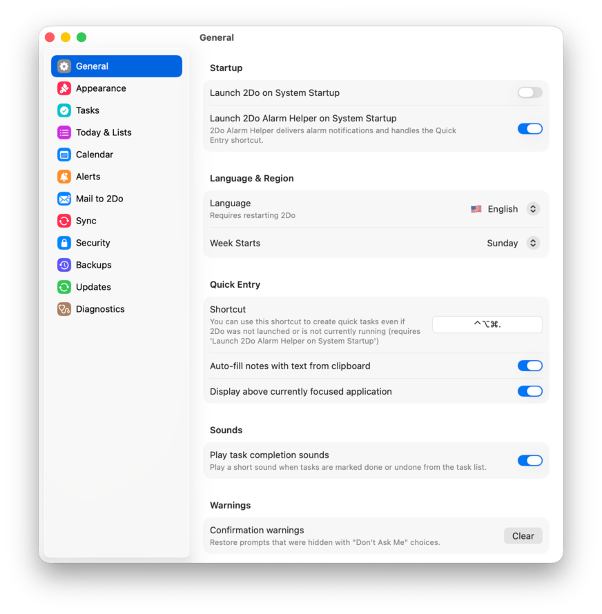 The General settings pane