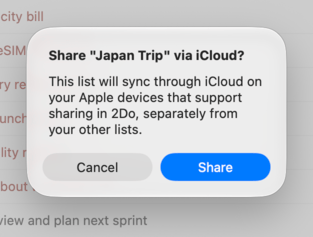 The confirmation that appears before you share a list via iCloud