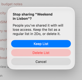 The Stop Sharing confirmation with Keep List, Delete List, and Cancel
