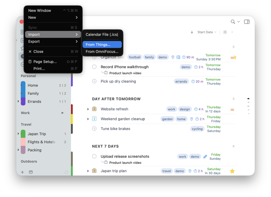 The File menu Import submenu with From Things, From OmniFocus, and Calendar File options