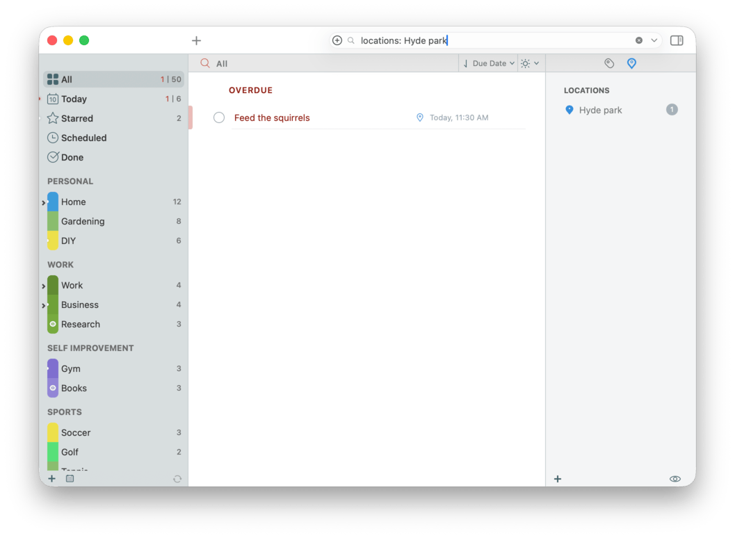 The Nearby panel showing location-tagged tasks