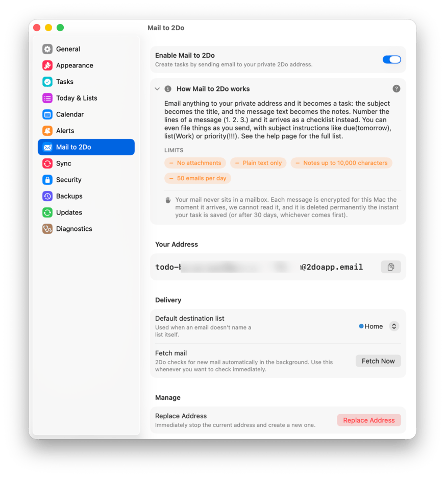 The Mail to 2Do settings pane showing the private address