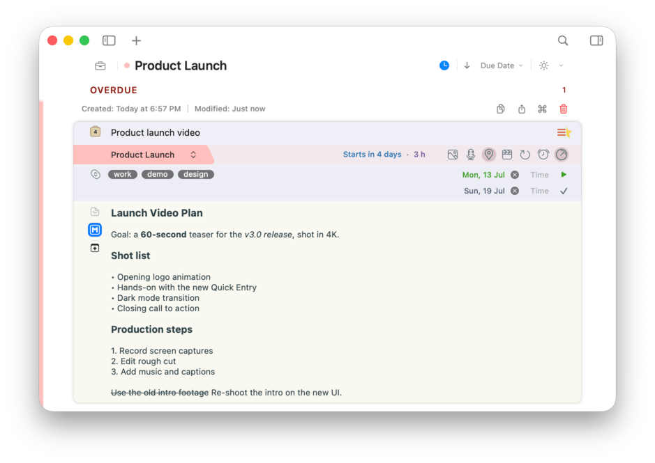 A task's notes with Markdown styling and a linked task