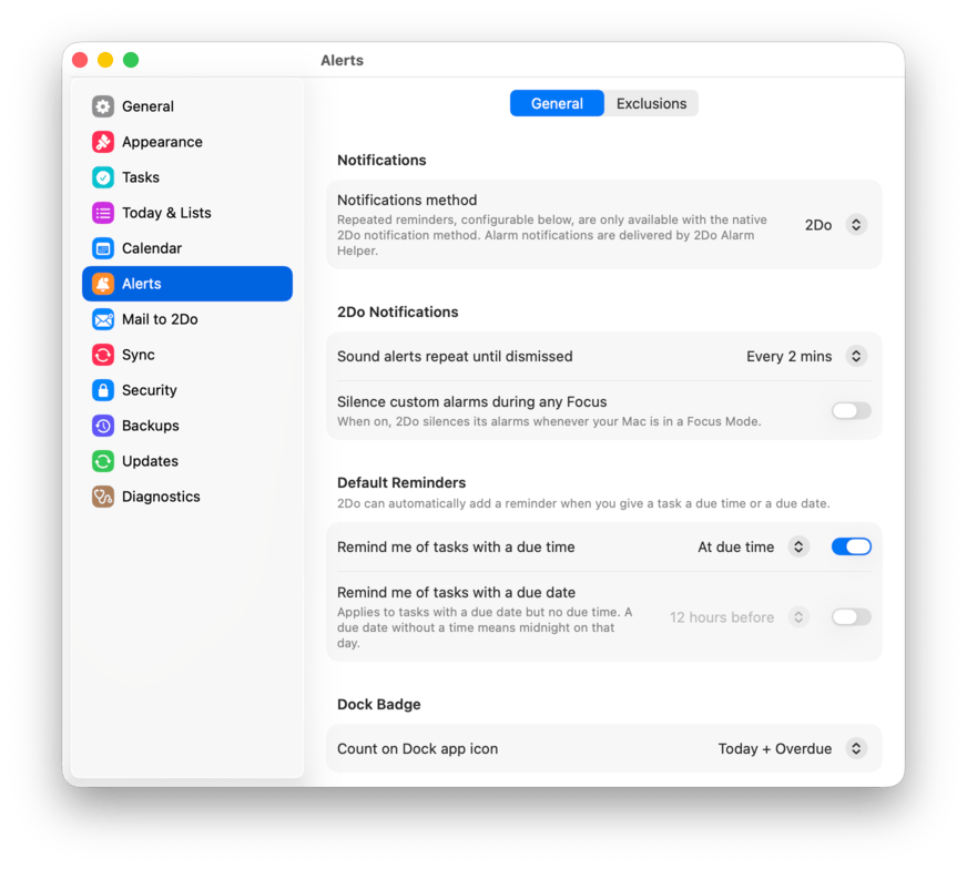 The Alerts settings pane, General tab