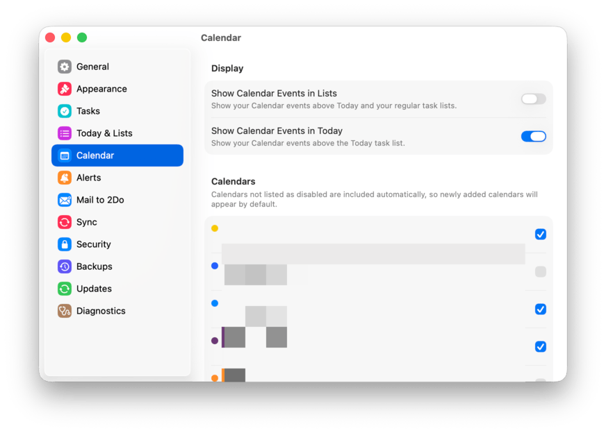 The Calendar settings pane with per-calendar checkboxes